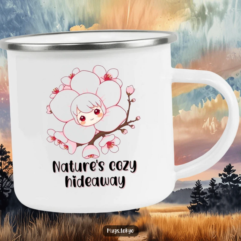 Funny enamel camping mug featuring a playful character peeking from behind a large cherry blossom, ideal for whimsical outdoor enjoyment.