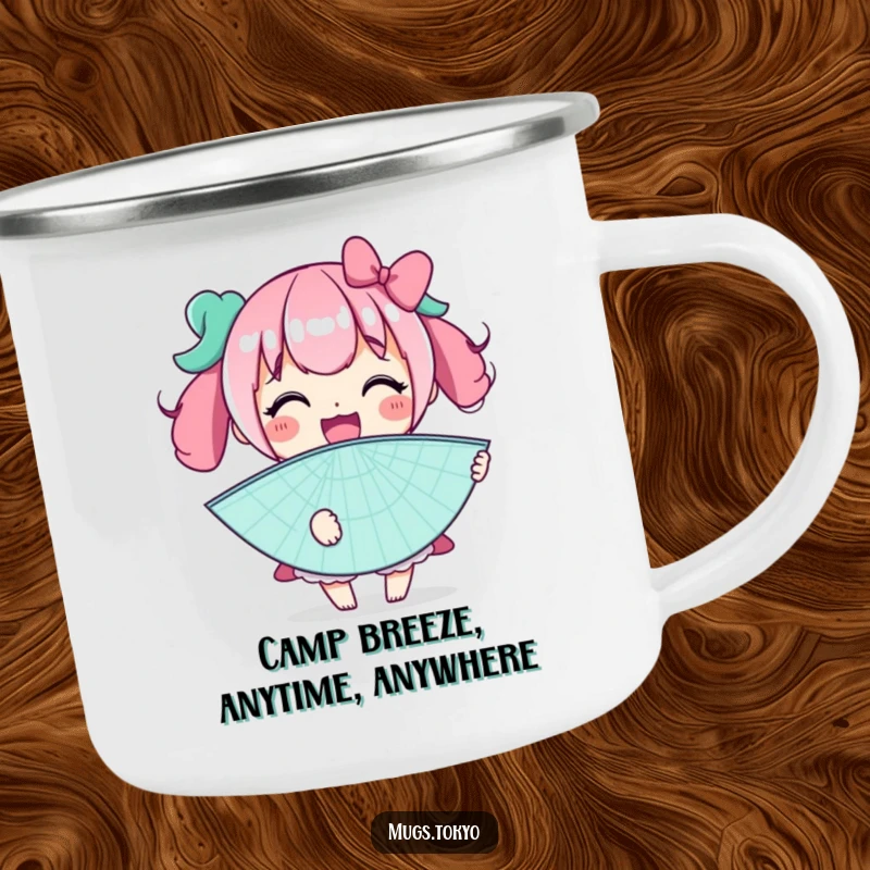 Funny enamel camping mug featuring a character with a big smile holding a giant novelty fan, ideal for humorous outdoor enjoyment.