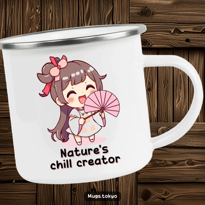 Funny camping mug with an excited character waving a large fan, designed for cool outdoor enjoyment.