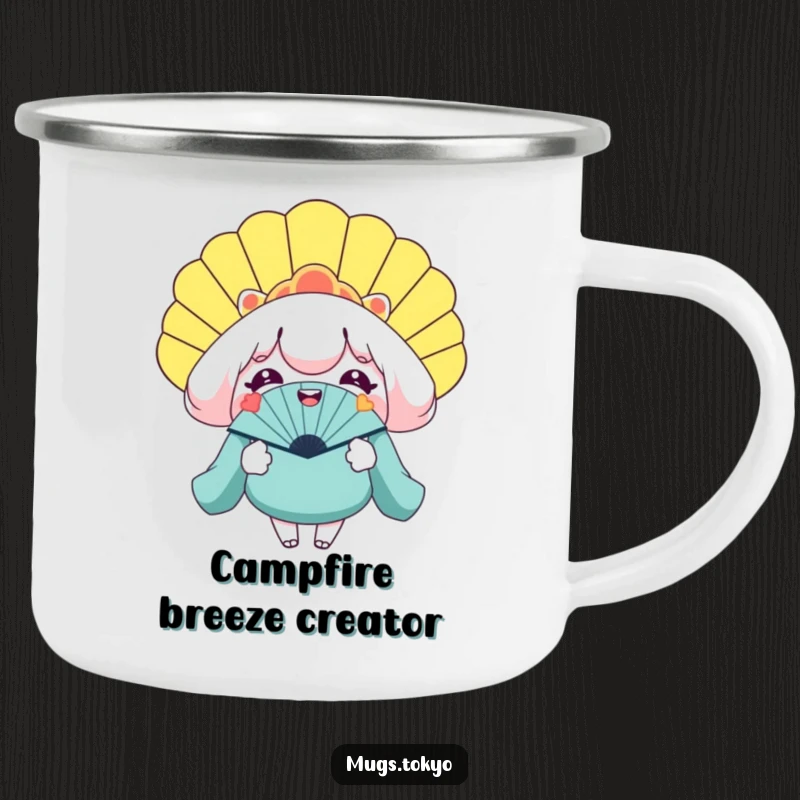 Funny camping mug with a smiling character holding a gigantic novelty fan, perfect for outdoor cooling and humor.