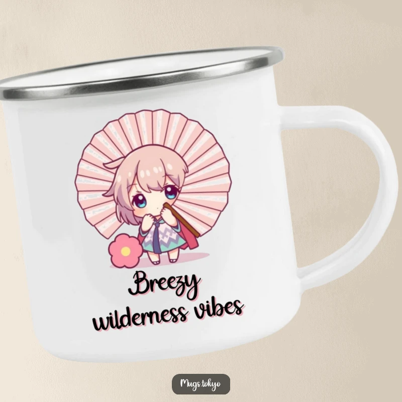 Funny camping mug with a character playfully hiding behind a large decorative fan, perfect for enjoying beverages outdoors with shy humor.
