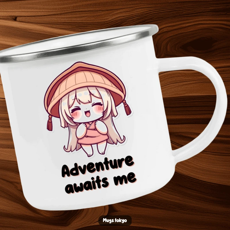 Funny Camping Mug displaying a character in a traditional Japanese hat with a playful wink, ideal for outdoor adventures and funny gifts.