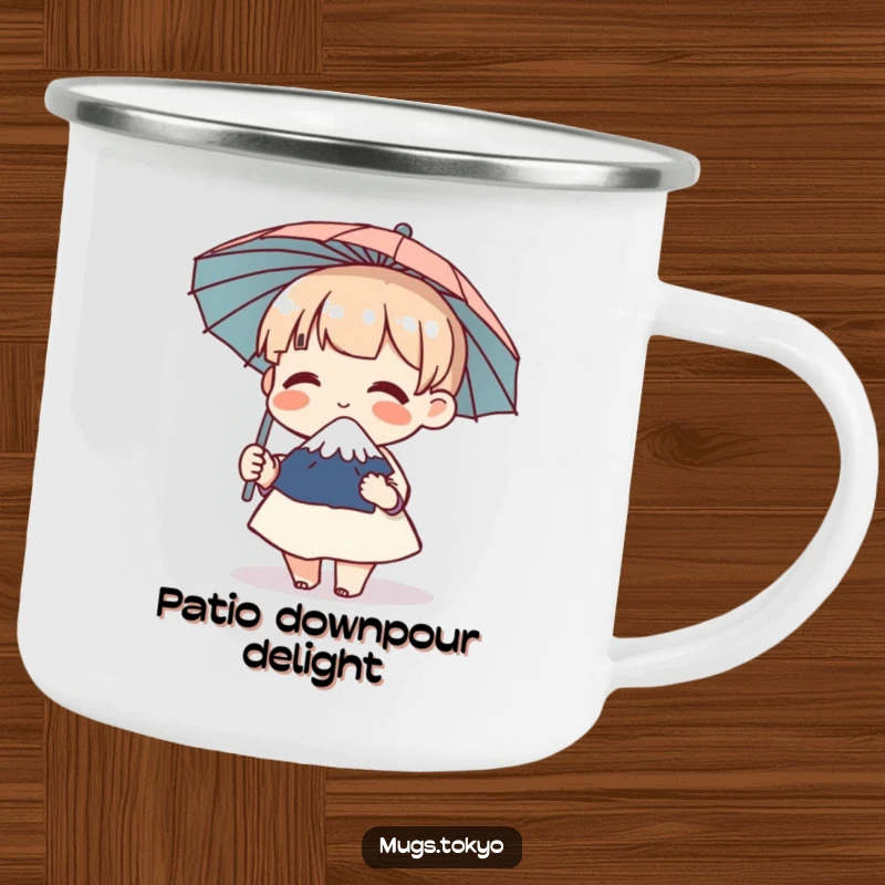 Funny camping mug with a character holding a miniature Mount Fuji umbrella, giggling adventurously, perfect for outdoor fun.