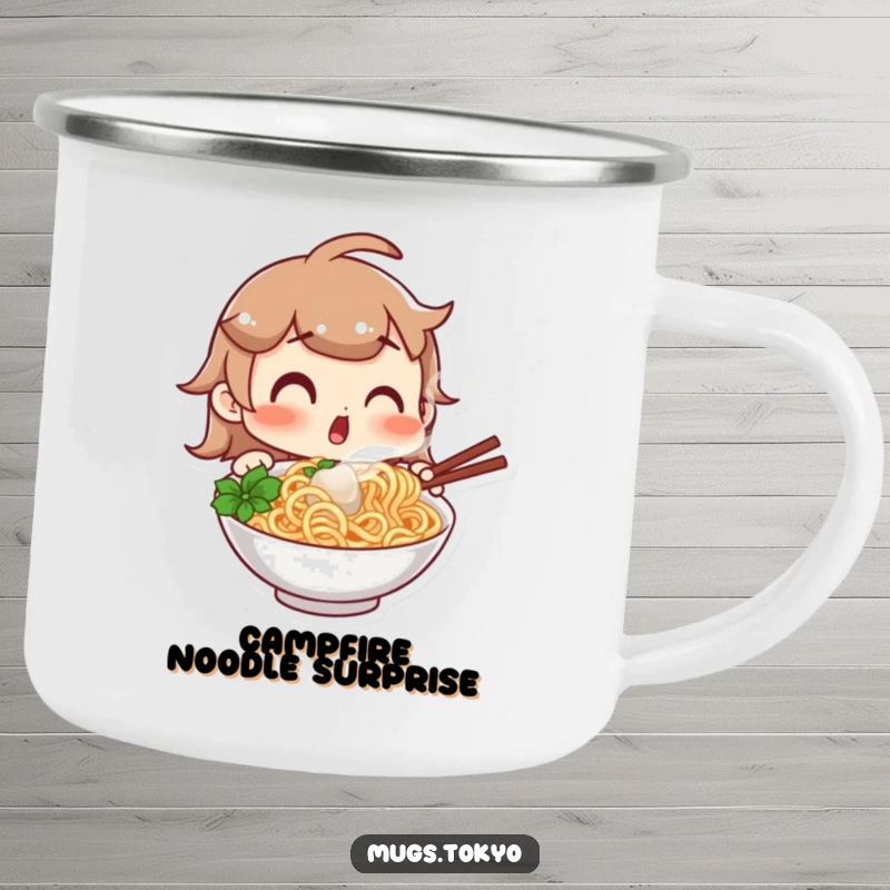 Funny camping mug with a character showing a surprised expression at a steaming bowl of noodles, perfect for outdoor sipping with a humorous foodie twist.