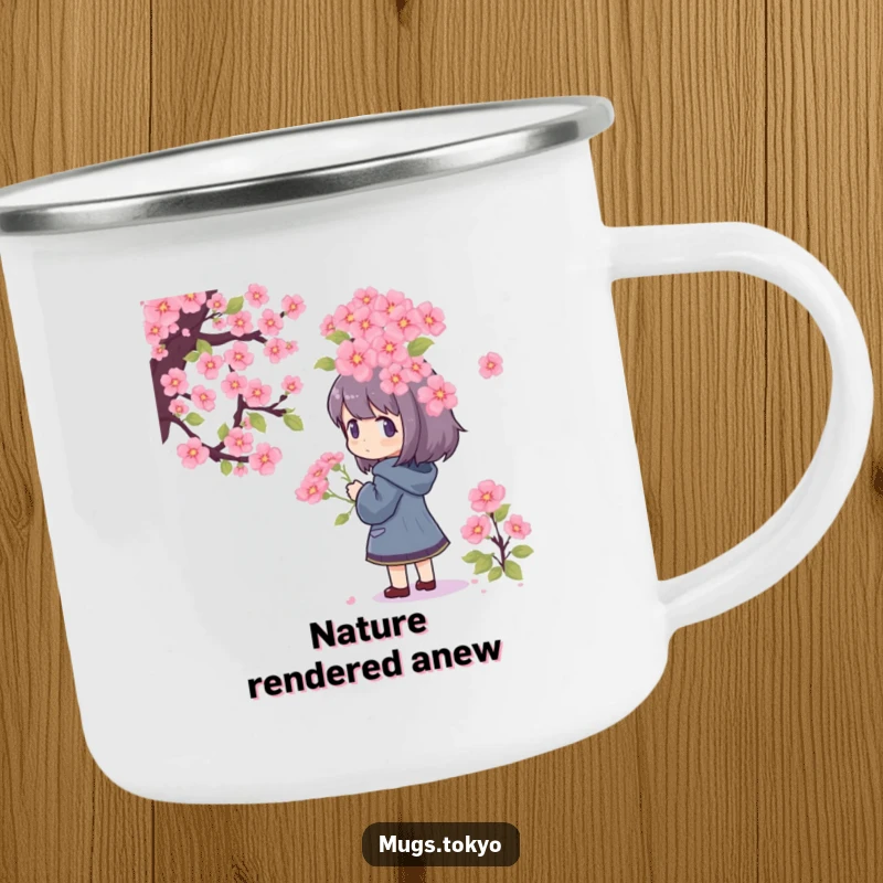 Funny Camping Mug displaying a character admiring a giant pixelated cherry blossom bouquet, ideal for outdoor enthusiasts and funny gifts.