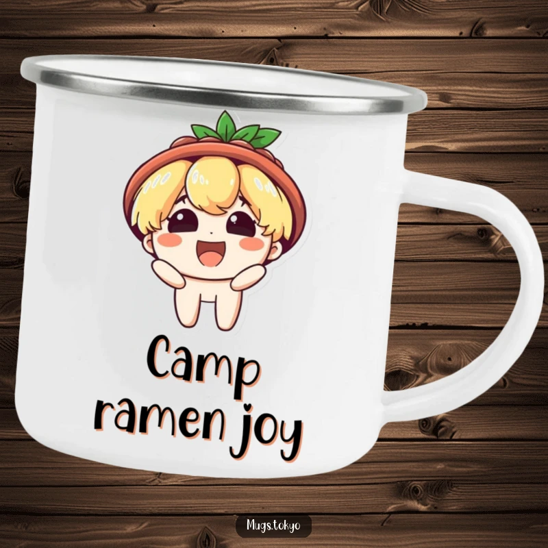 Funny camping mug featuring a character wearing a ramen bowl hat, beaming with delight. Durable and humorous for outdoor use.