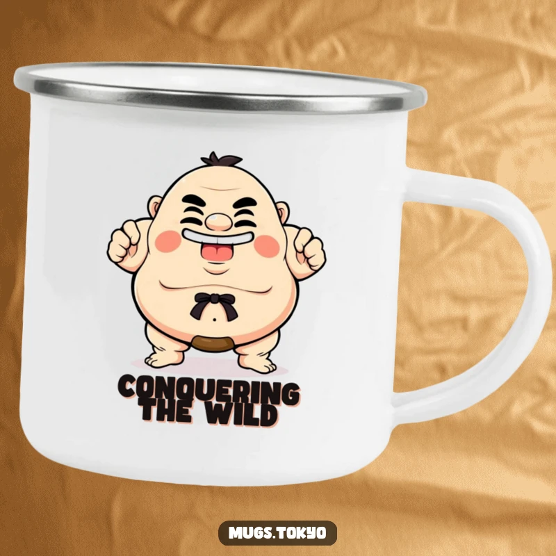 Funny Camping Mug showing a proud sumo character with a wide, hilarious grin, perfect for outdoor enthusiasts and funny gifts.