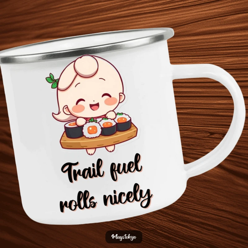 Funny Camping Mug: Character humorously balances a sushi tray, ideal for enjoying drinks outdoors with a comedic touch.