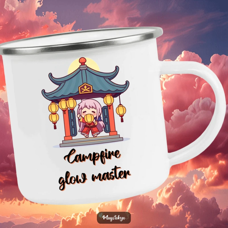 Funny camping mug with a character juggling glowing lanterns under a stylized temple roof, ideal for mystical outdoor moments.
