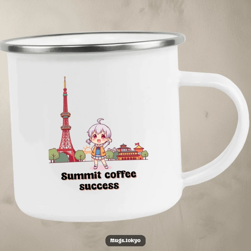 Funny camping mug showing a character playfully posing with a stylized Tokyo Tower, perfect for outdoor adventures.