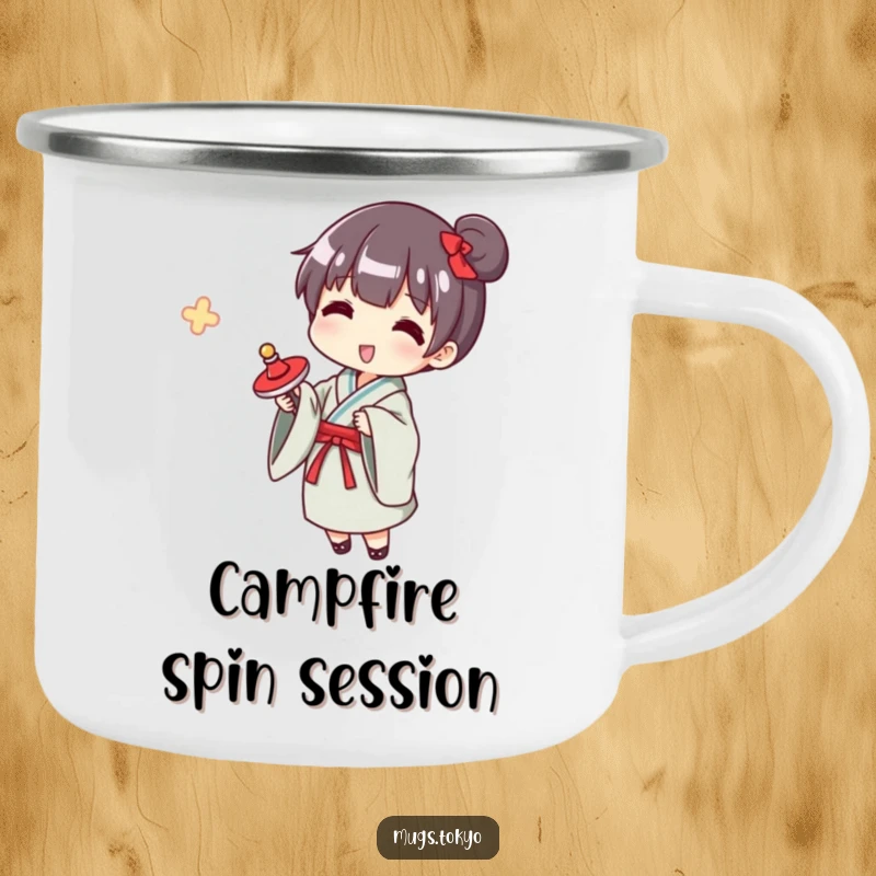 Funny yukata spinner camping mug, a character in a yukata happily spinning a top, perfect for outdoor adventures and nostalgic fun.