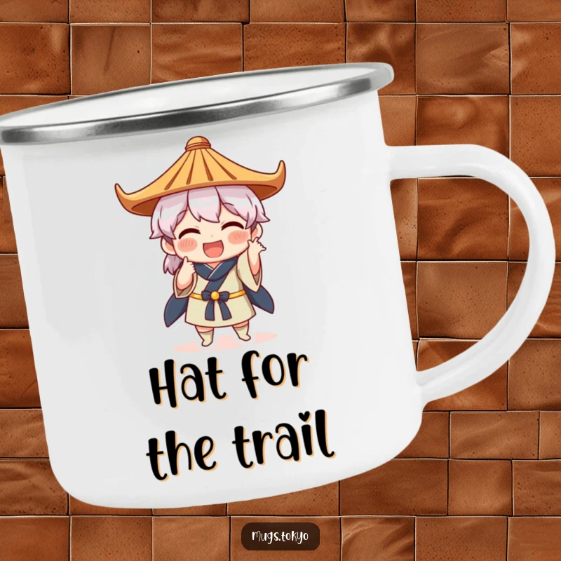 Funny camping mug with a character in a Japanese hat striking a comical pose, designed for outdoor enthusiasts who love humor.