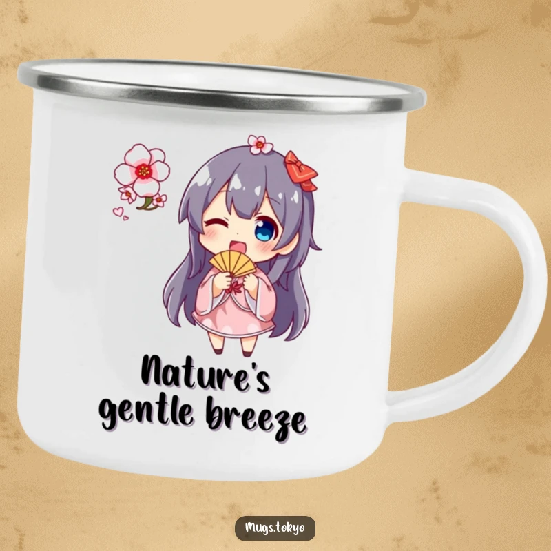 Funny cherry blossom fan camping mug showing a character excitedly waving a fan with pink cherry blossoms, perfect for outdoor spring adventures.