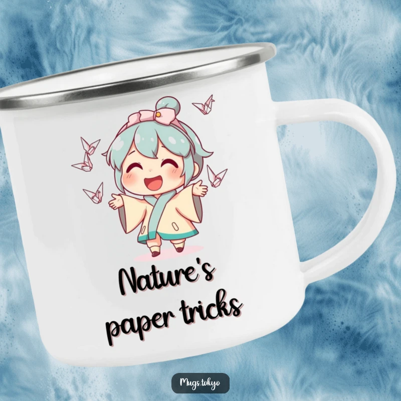 Funny camping mug featuring a character happily juggling small origami cranes, designed for rugged adventures and cheerful moments.
