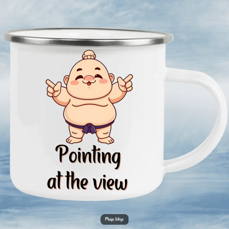 Funny camping mug with a sumo wrestler character playfully pointing, perfect for outdoor adventures and humor.