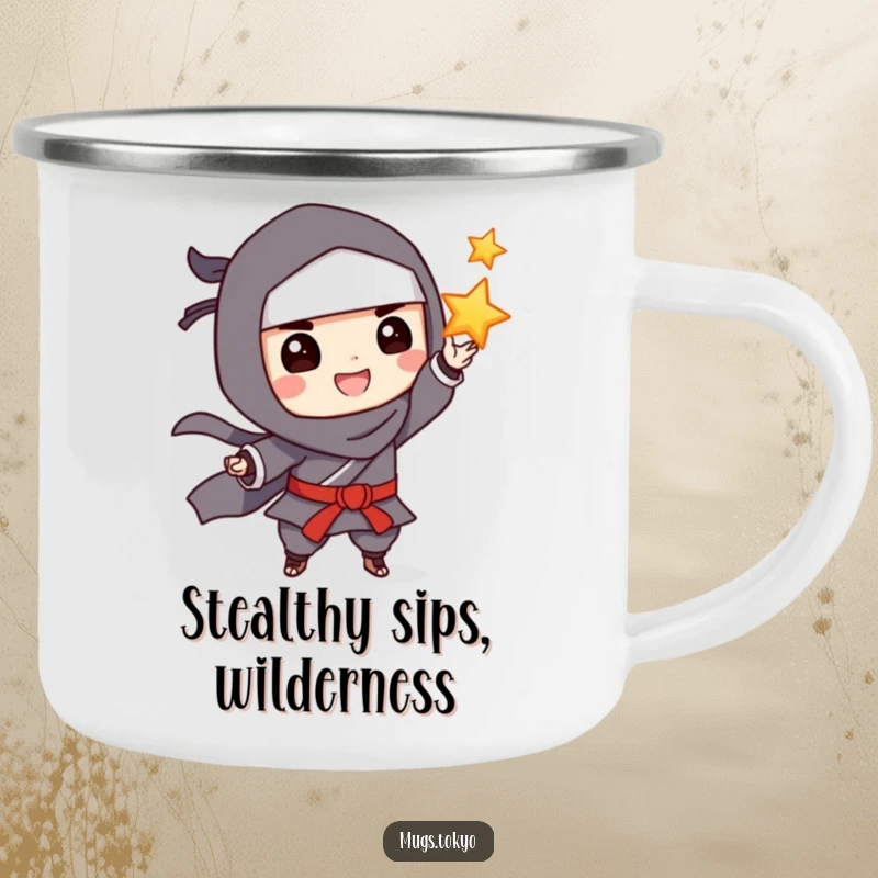 Funny Camping Mug: A grinning ninja playfully tossing a throwing star, designed for outdoor excursions and humor.