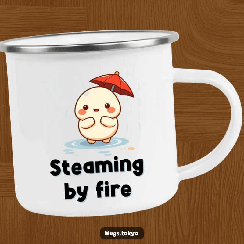 Funny cute dumpling character with a tiny red umbrella on a sturdy camping mug.