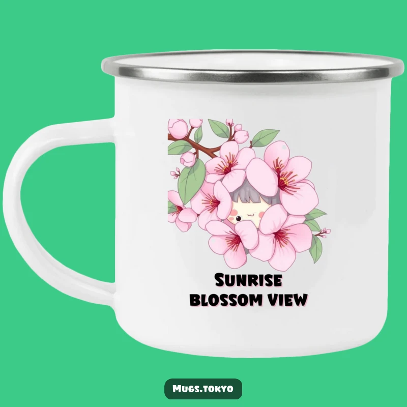 Funny Cherry Blossom Camping Mug - Playful Character Spring Outdoor Gift