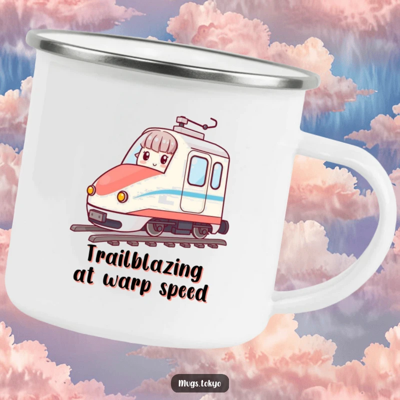 Funny camping mug featuring a character riding a miniature bullet train, designed for outdoor adventures and humor.