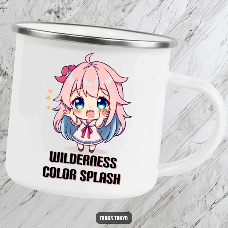 Funny character with bright, colorful hair making excited gestures on a rugged camping mug, ready for outdoor fun.