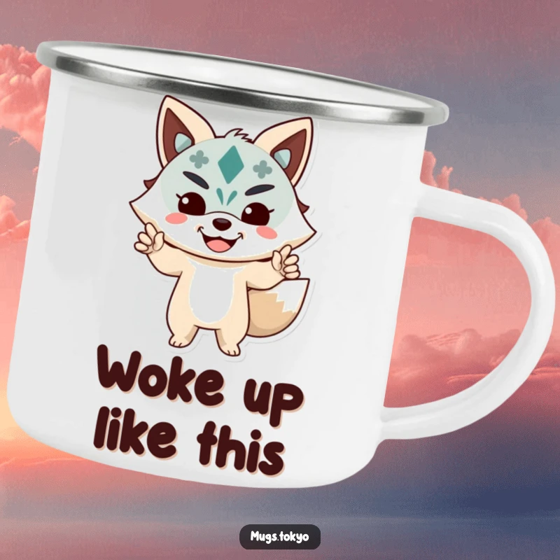 Funny Camping Mug showing a character in a lively pose wearing a joyful Kitsune mask, for adventurous humor.