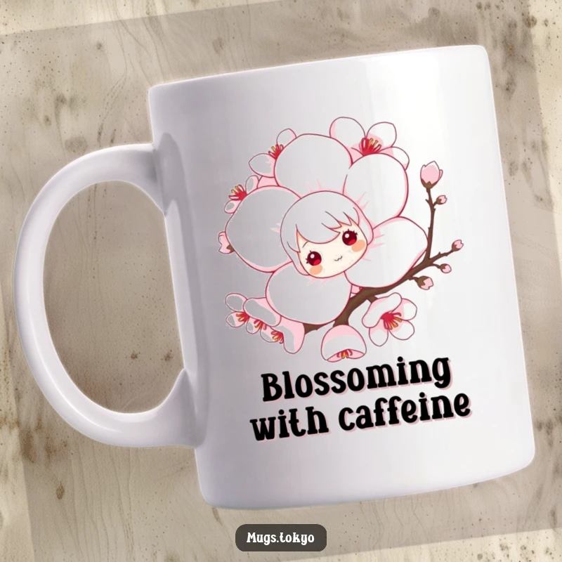 Funny mug with a playful character peeking mischievously from behind a large, stylized cherry blossom, exuding delicate humor.