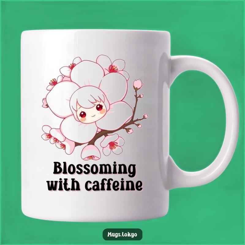 Funny Cherry Blossom Mug: Playful Character Peek, Unique Spring Humor Gift!