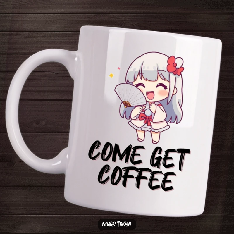 Funny mug with a cheerful character holding a paper fan, playfully beckoning. Inviting and humorous design.