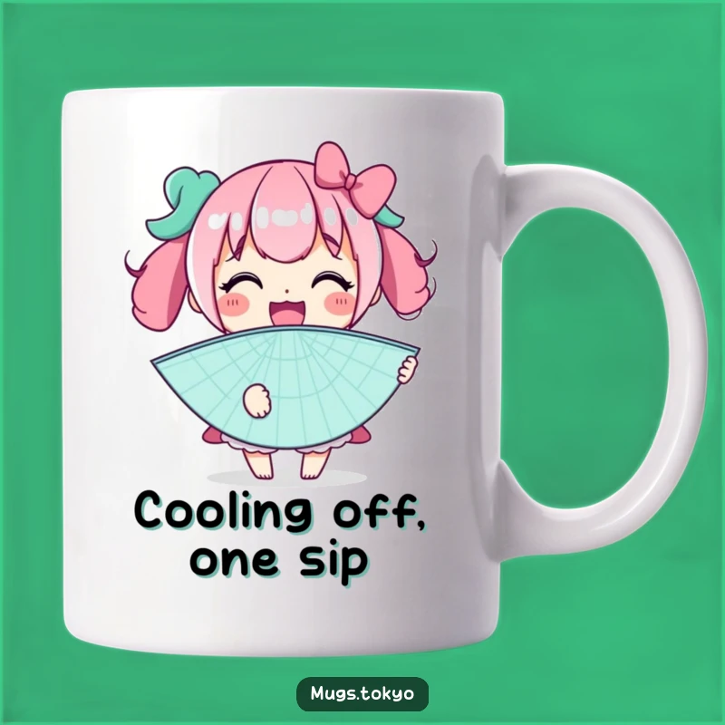 Funny Giant Fan Mug: Cheerful Character Holding Big Fan, Perfect Humorous Gift!