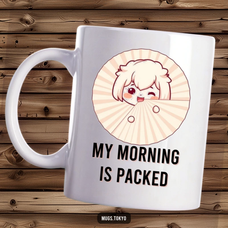 Funny bento box mug with a smiling character excitedly peeking from behind a large paper fan, adding a playful touch.