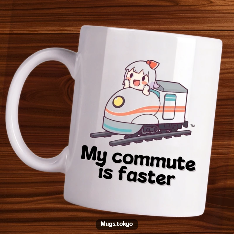 Funny mug featuring a cute character gleefully riding a tiny bullet train, capturing a moment of pure joy and speed.