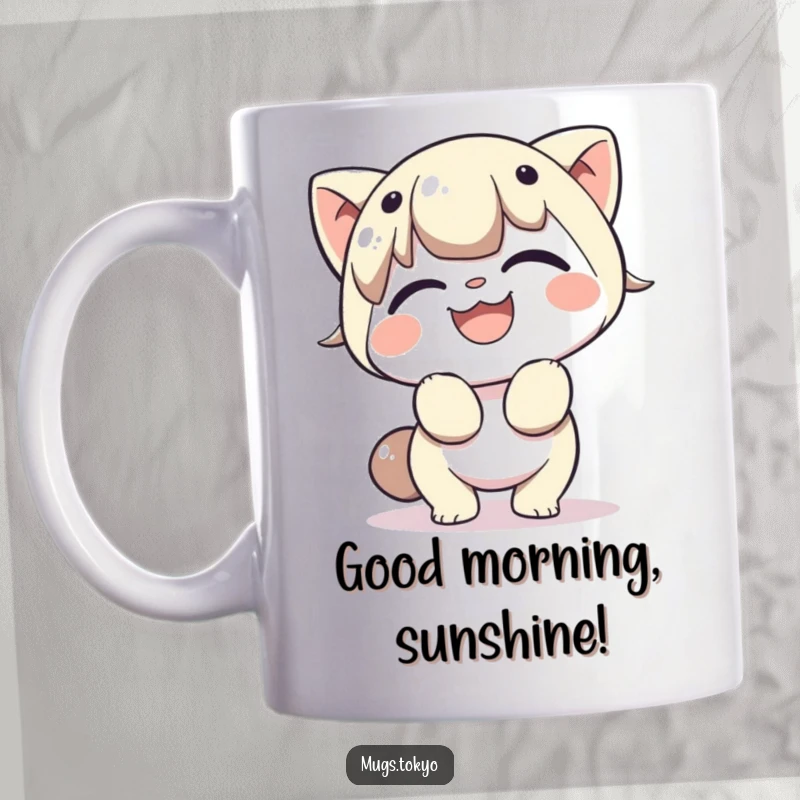 Funny mug with a character cheerfully bowing with a wide, infectious grin, radiating warmth and humor in a polite gesture.