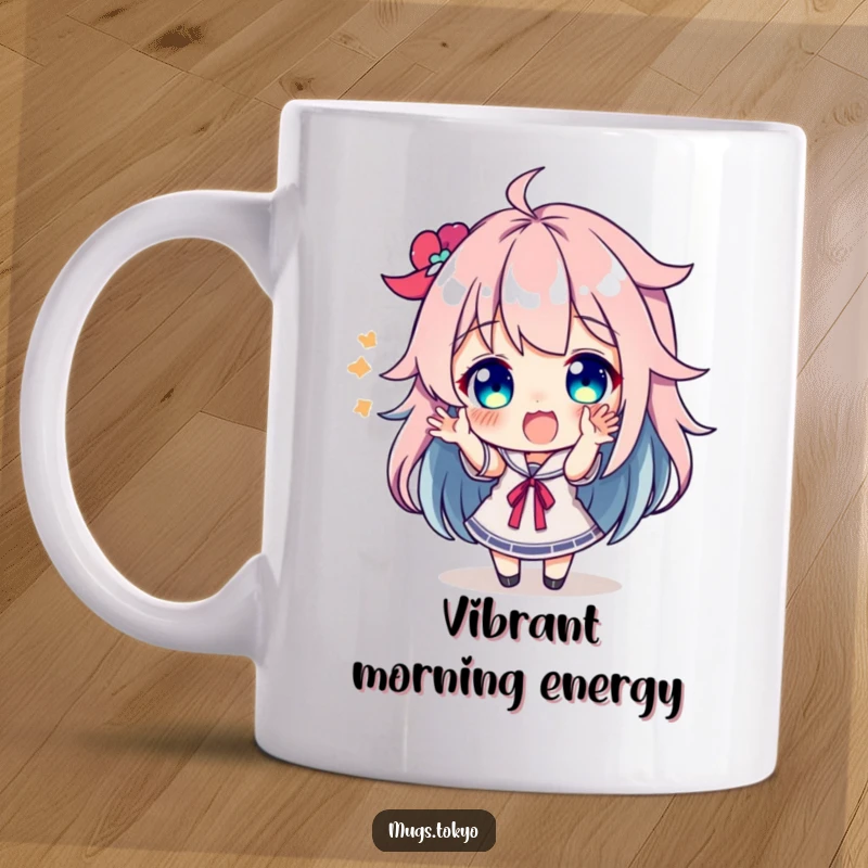 Funny character with bright, colorful hair excitedly gesturing with animation on a fun coffee mug.