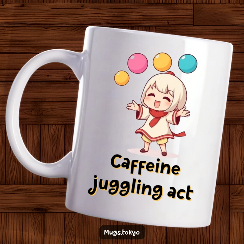 Funny mug showcasing a character playfully juggling three colorful dango balls with a cheerful expression.