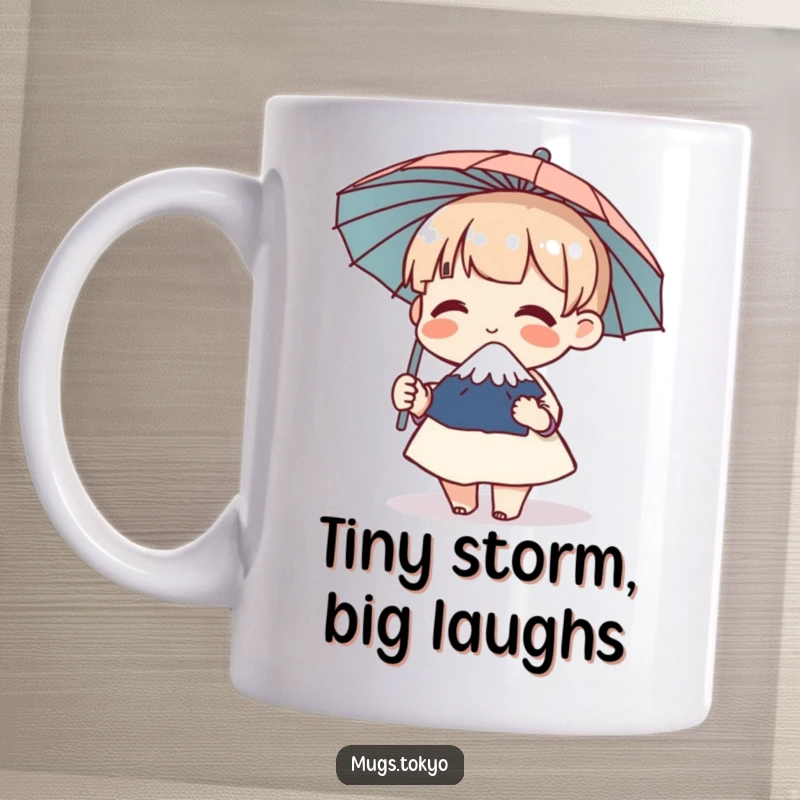 Funny mug featuring a cute character holding a miniature Mount Fuji umbrella, giggling with pure delight, perfect for a whimsical gift.
