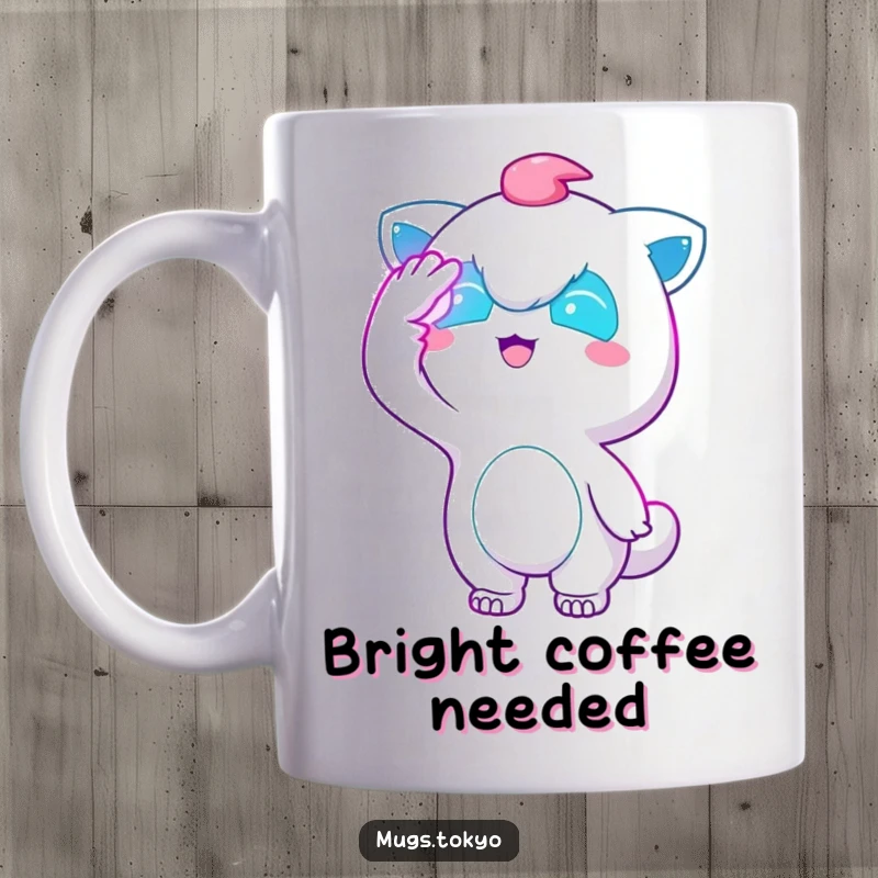 Funny Neon Lights Mug: A character playfully shields its eyes from bright neon lights, symbolizing vibrant, overwhelming fun.