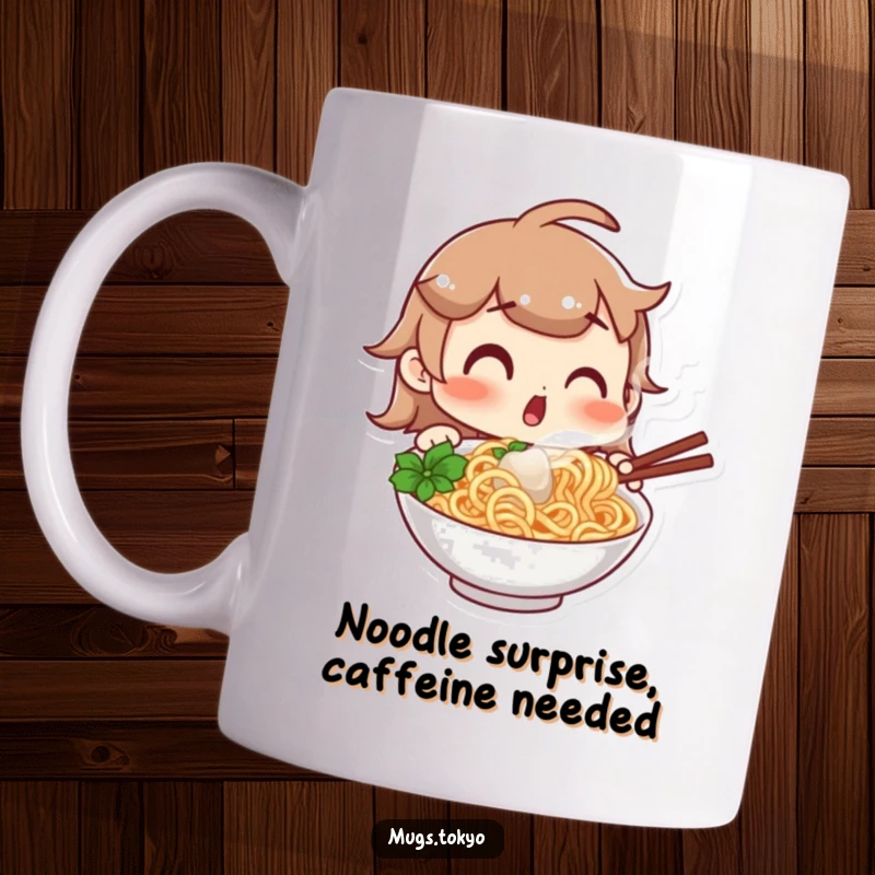 Funny mug with a character showing a comically surprised expression while gazing at a steaming, delicious bowl of noodles, a perfect funny gift for pasta lovers.