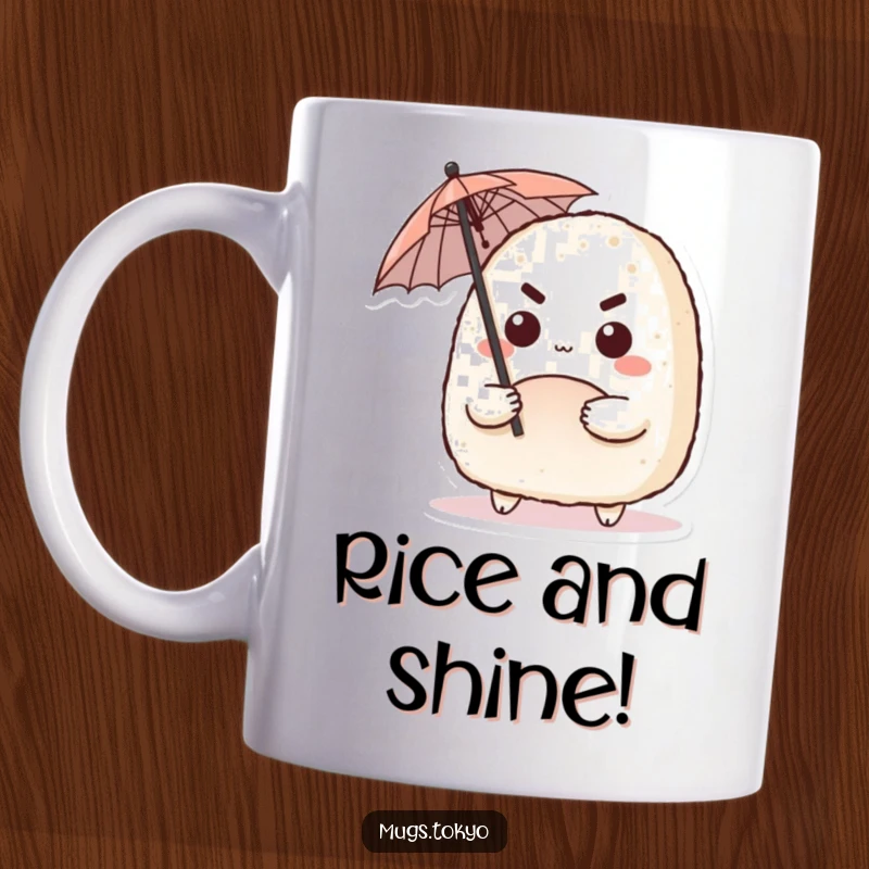 Funny mug featuring a cute onigiri character with a determined expression, bravely wielding a tiny umbrella, perfect for gifting.