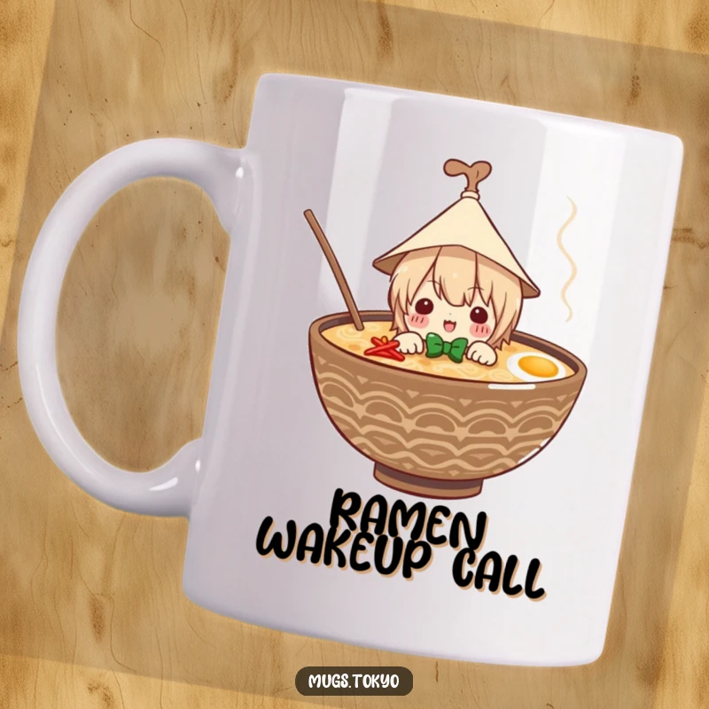 Funny mug with a character wearing a small paper hat peeking playfully from a steaming ramen bowl, celebrating noodle soup.