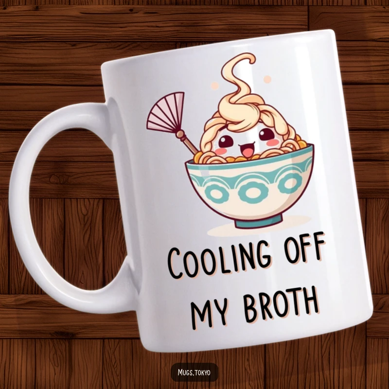 Funny mug featuring a happy ramen bowl character with steam rising, cheerfully waving a tiny fan, conveying warmth and joy.