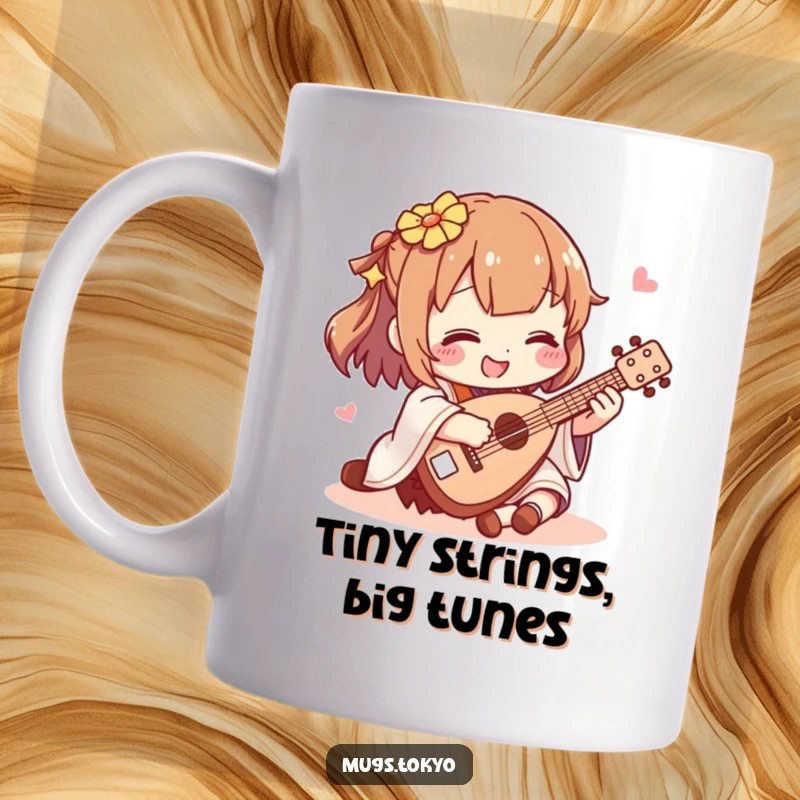 Funny shamisen player mug, a cheerful character strumming a tiny shamisen with pure joy, perfect for music lovers and gifting.