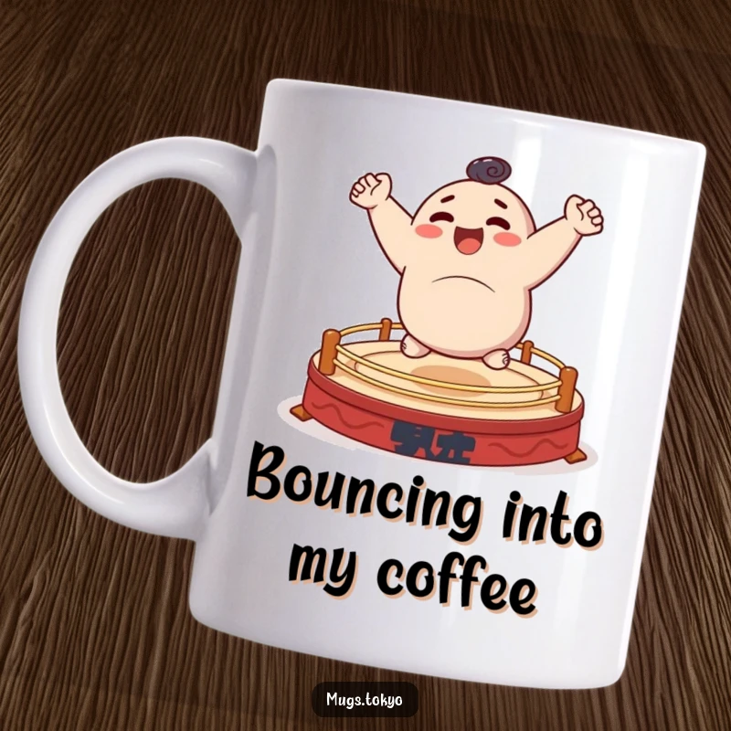 Funny mug featuring a character joyfully bouncing energetically on a small, stylized sumo wrestling ring.