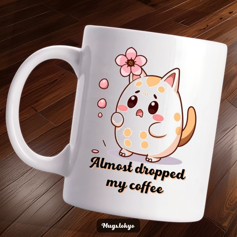 Funny Taiyaki Mug: Surprised character with wagging tail, narrowly dodging a falling cherry blossom, whimsical art.