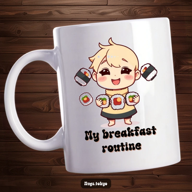 Funny Mug showcasing a joyful character skillfully juggling three tasty sushi rolls, a delightful addition to any kitchen.