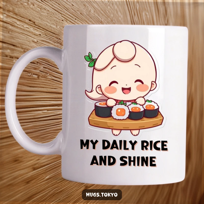 Funny Mug: Smiling character comically balances a full tray of delicious sushi, ready to serve joy and laughter to any recipient.