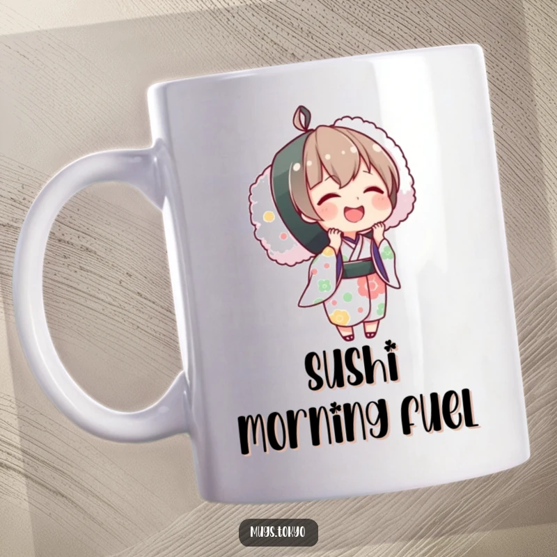 Funny mug with a small character in a kimono joyfully holding an oversized sushi roll, celebrating delicious Japanese cuisine.