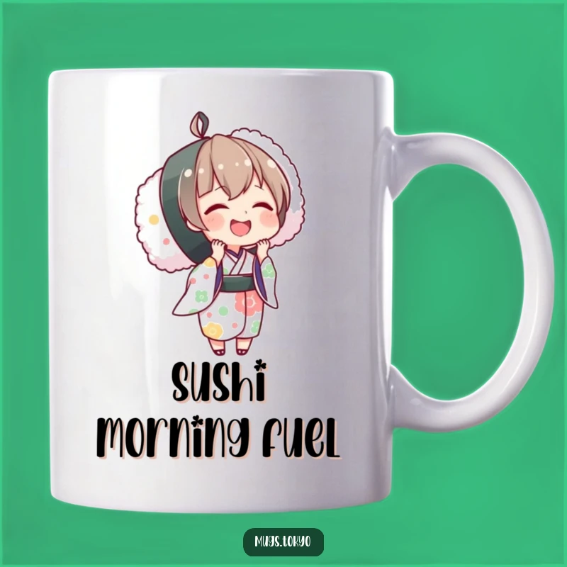 Funny Sushi Mug: Joyful Kimono Character with Oversized Roll