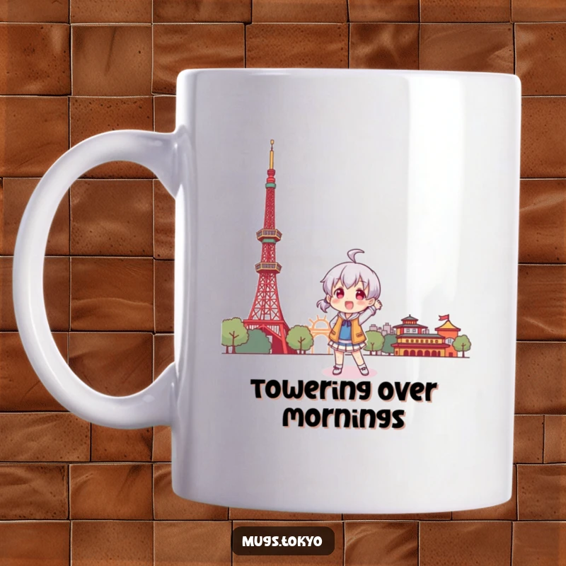 Funny mug showing a character playfully posing with a stylized Tokyo Tower in the background, embodying adventure.