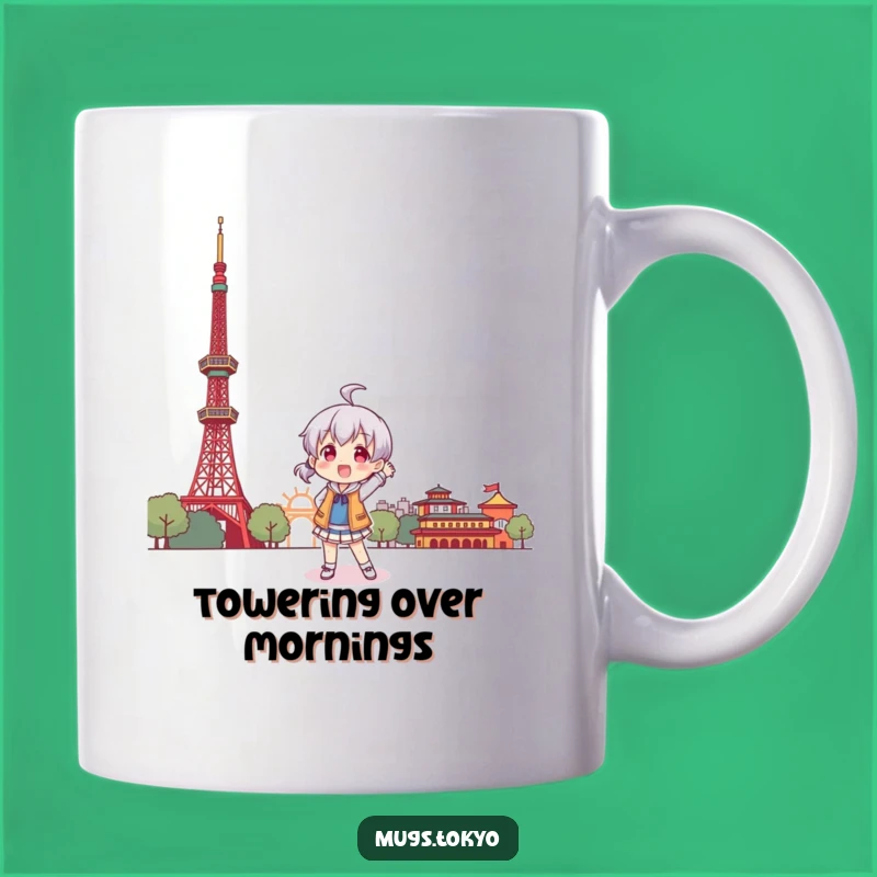 Funny Tokyo Tower Pose Mug: Character's Playful Visit, Perfect Gift