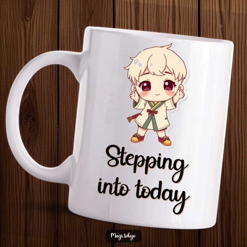 Funny character wearing distinctive traditional footwear, striking a playful and humorous pose on a coffee mug.